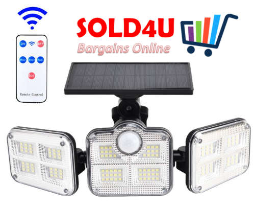 122 LED Solar Motion Sensor Outdoor Rotatable 3 Head Light with Remote 30W