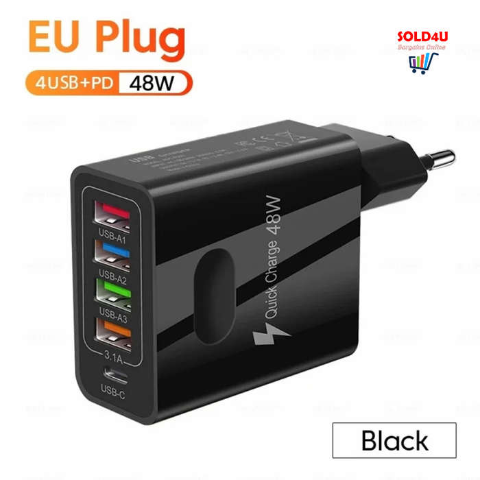 USB C Wall Charger 5 Ports 4XUSB+1XPD18W 48W Fast Charging USB-C Charger TYPE-C Charger