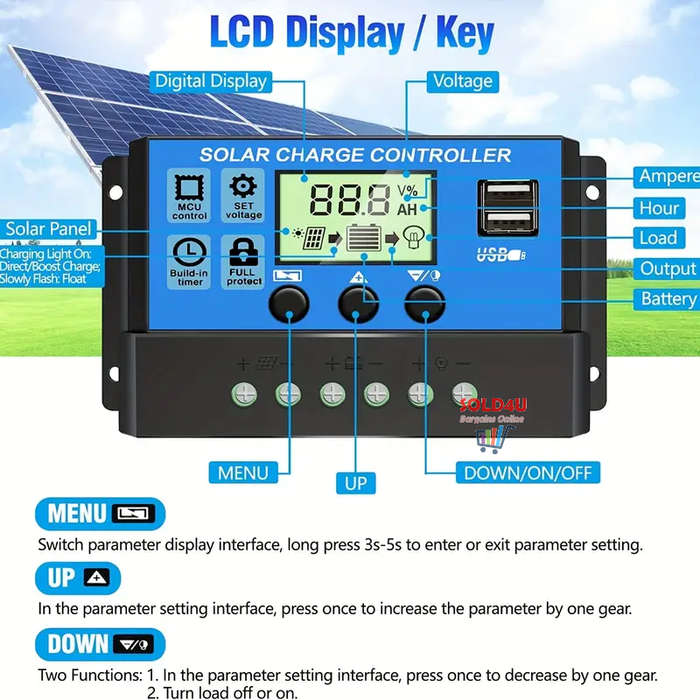 Solar Charge Controller PWM 12V/24V Auto Adapt Voltage 30A USB 5V Intelligent LCD Display