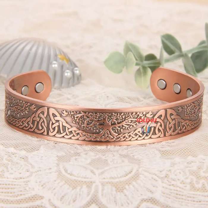 Copper Magnetic Bracelet For Men, Cuff Bangle With Effective 6Pc Neodymium Magnets, Life Of Tree