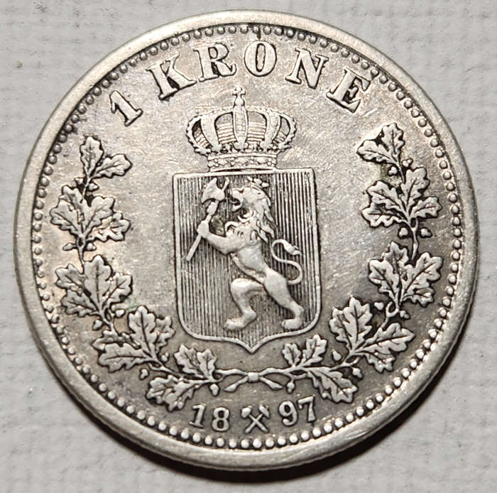 1 (ONE) KRONE - 1897 - King Oscar II  - Norway -  VERY RARE ! (Mintage of only 250 000)