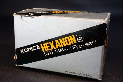 Boxed Konica Hexanon Pre-Set 28mm F3.5 Lens with Hood in Konica AR Mount  **Excellent Condition**
