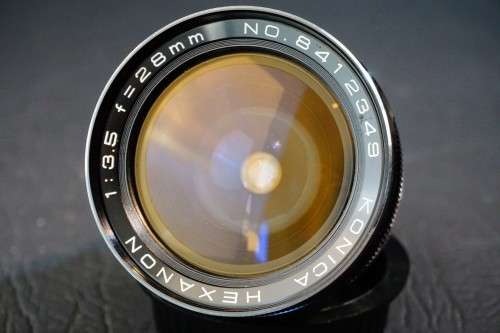 Boxed Konica Hexanon Pre-Set 28mm F3.5 Lens with Hood in Konica AR Mount  **Excellent Condition**
