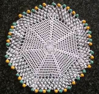 Vintage lacy glass beaded doilie with turquoise & apricot glass beads