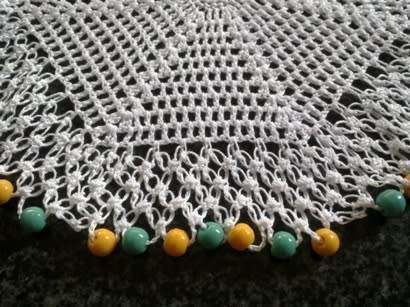 Vintage lacy glass beaded doilie with turquoise & apricot glass beads