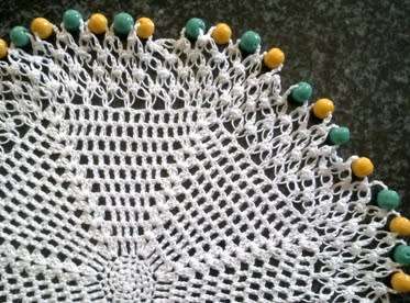 Vintage lacy glass beaded doilie with turquoise & apricot glass beads