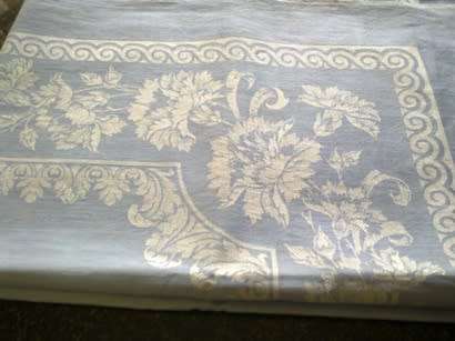 Gorgeous large vintage blue Damask linen tablecloth & 6 dinner serviettes