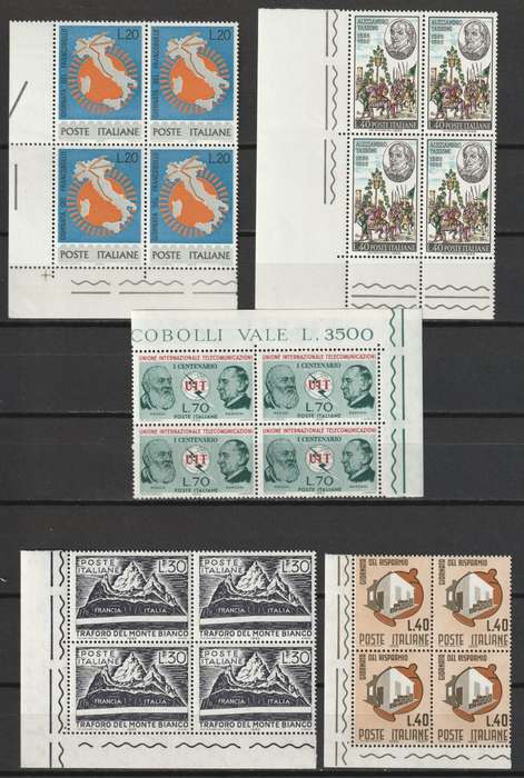 ITALY - 1965  Five Commemoratives Issues in corner blocks of 4   **MNH**