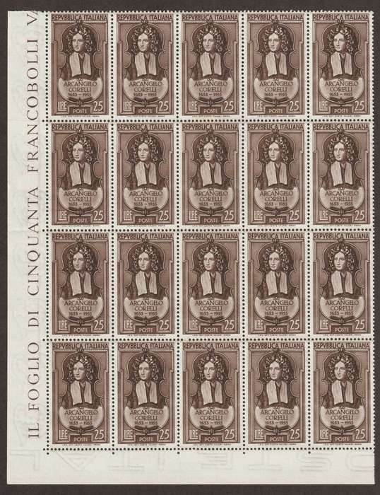ITALY -  1953 Arcangelo Corelli Issue  Stunning marginal block of 20 **MNH**