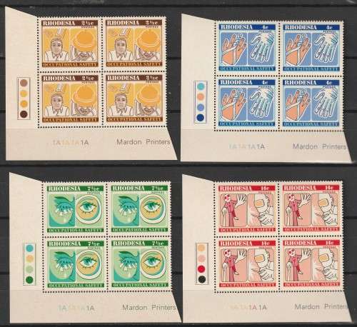 RHODESIA  - 1975  Occupational Safety Issue Complete set in control blocks of 4 with VARIETY **MNH**