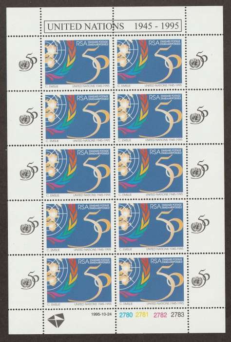 RSA -  1995 United Nations 50th Anniversary Issue (Standard Postage) Full sheet of 10   **MNH**