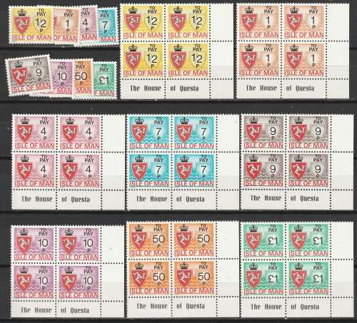 BULKLOT SALE - ISLE OF MAN POSTAGE DUE  Excellent range in Blocks of four and singles  **MNH**