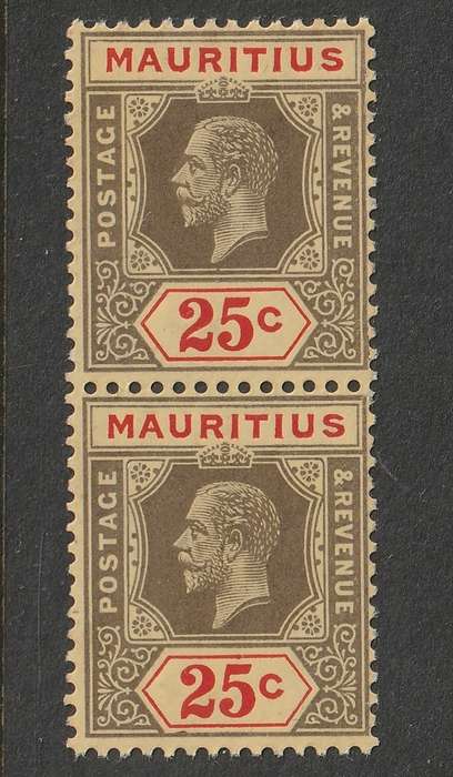 MAURITIUS -  1913-1923  KGV  25c vertical pair black and red  Die I  *MM/MNH**