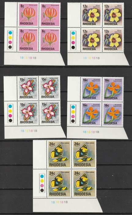 RHODESIA  - 1974/76  Definitive Issue 5 Cylinder blocks of 4 with White Gum **MNH**