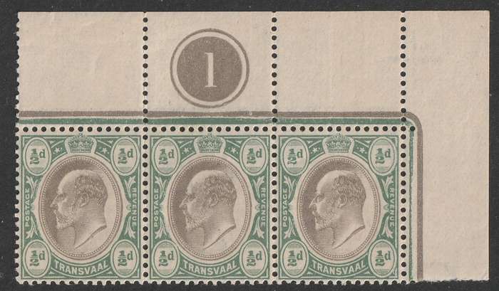 TRANSVAAL - 1902 Issue PLATE 1  1/2d black and green  strip of 3 **MNH**