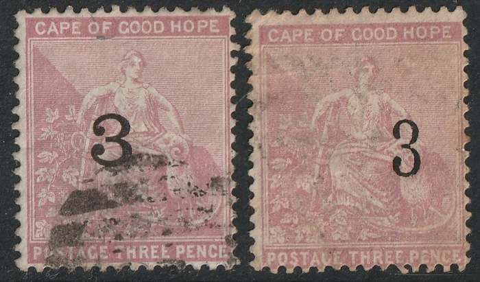 CAPE of GOOD HOPE  - 1880 3d surcharged 3 in black(Both types) SACC 32/33 VFU