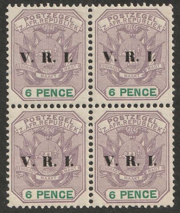 TRANSVAAL - 1900  6d lilac and green overprinted VRI, block of four **MNH**