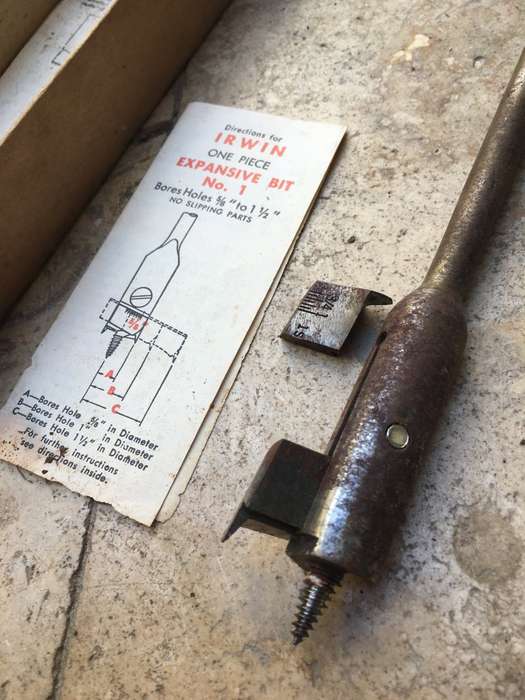 vintage Irwin one piece expansive bit (holes 5/6-1 1/2) in box with instructions