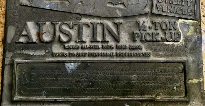 vintage lead printing plate ,advertising  Austin half ton pick up