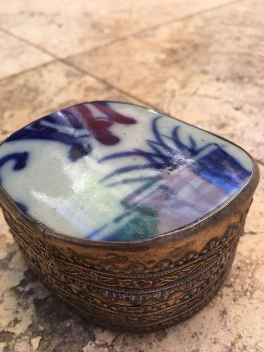 vintage trinket box , powder buff with ormolu decorative sides, made in Belgium