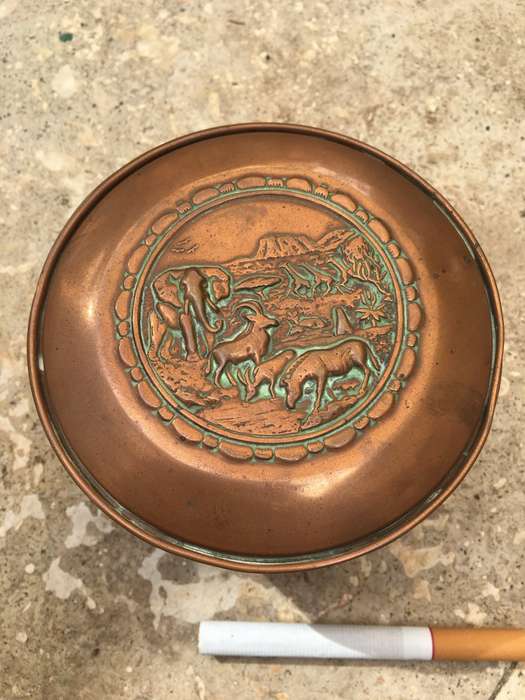 vintage copper utility bowl with lid , africa african animal theme