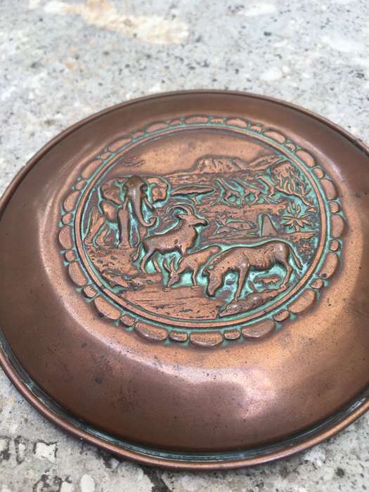 vintage copper utility bowl with lid , africa african animal theme