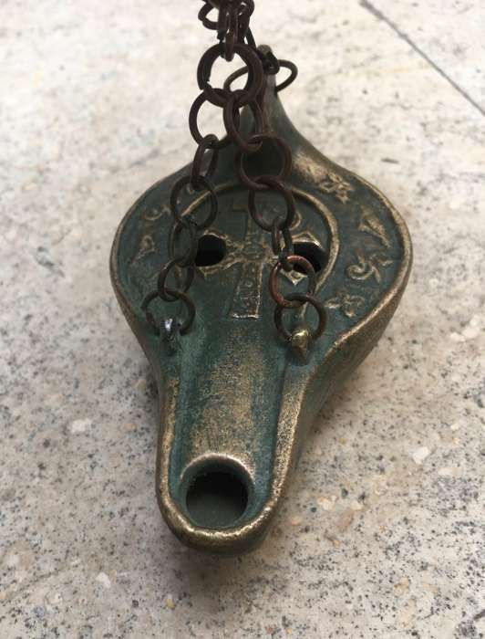 vintage hanging brass bronze oil lamp , italy , Catacombe di roma