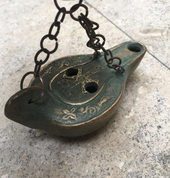vintage hanging brass bronze oil lamp , italy , Catacombe di roma
