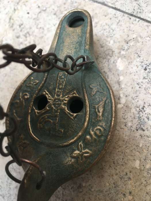 vintage hanging brass bronze oil lamp , italy , Catacombe di roma