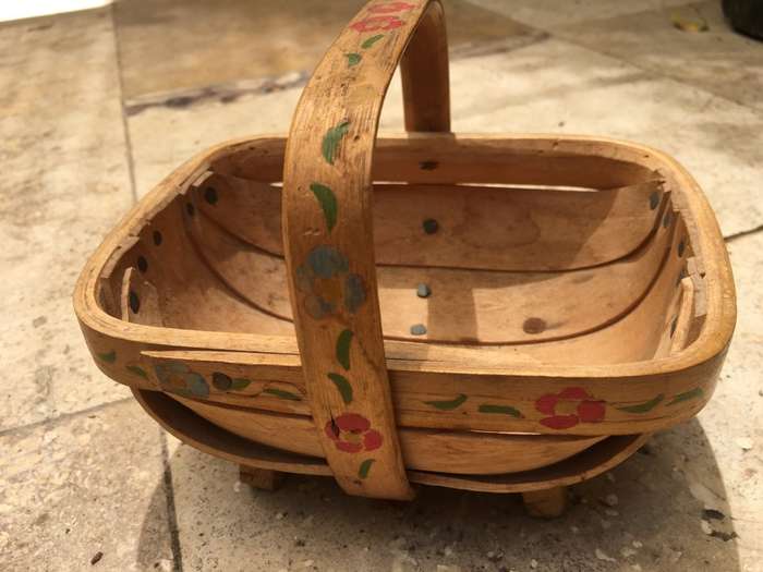 vintage Sussex Trug gathering basket with floral paint detail