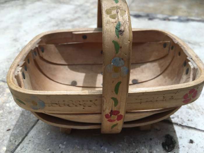 vintage Sussex Trug gathering basket with floral paint detail