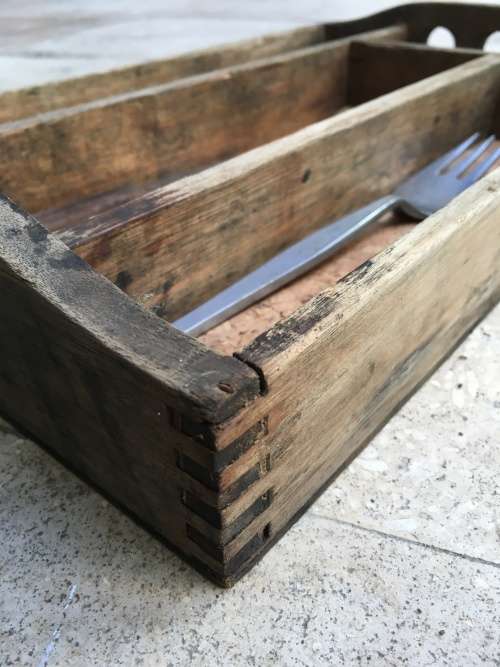 vintage wooden wood cutlery tray , with randum old cutlery