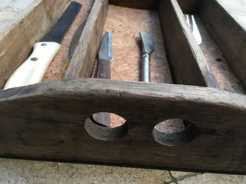 vintage wooden wood cutlery tray , with randum old cutlery