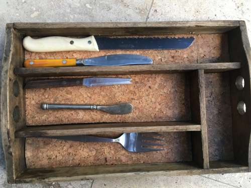 vintage wooden wood cutlery tray , with randum old cutlery