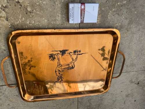 vintage copper tray antelope engraved  with handles