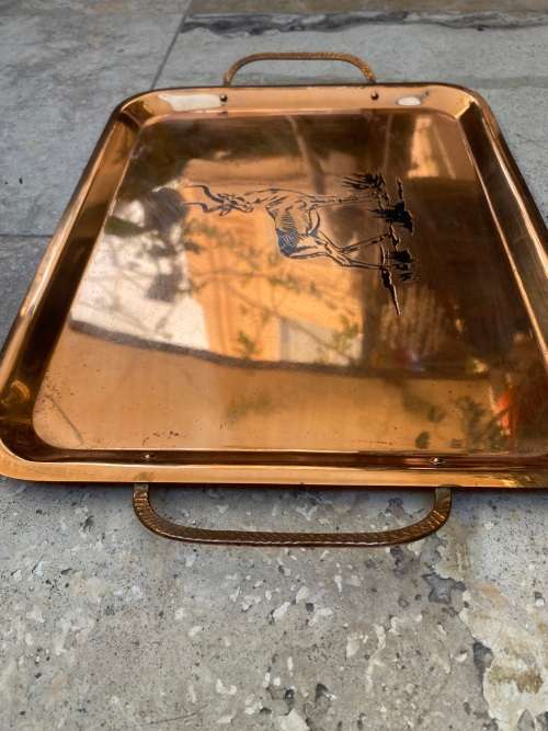 vintage copper tray antelope engraved  with handles