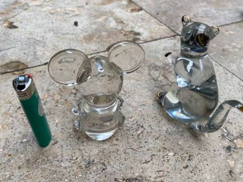 cat and mouse heavy glass paperweight pair