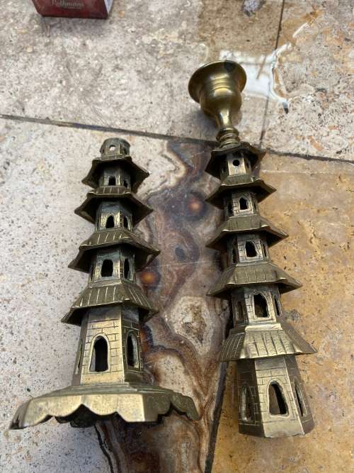 vintage brass pagoda incense holder and pagoda candle stick holder pair