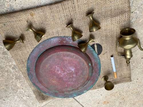 vintage miniature brass turkish tea set on copper plate