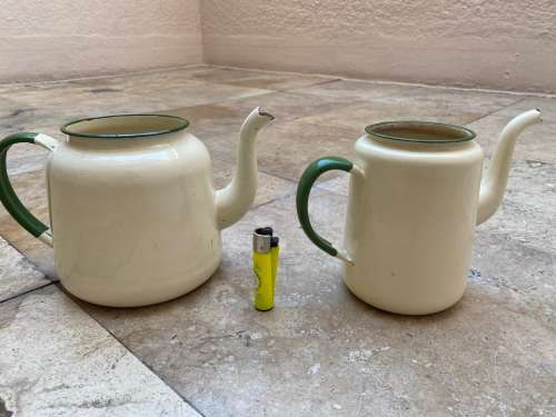 vintage judge cream and green heavy enamel tea pot teapot kettle pair , no lids