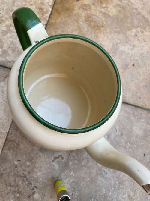 vintage judge cream and green heavy enamel tea pot teapot kettle pair , no lids