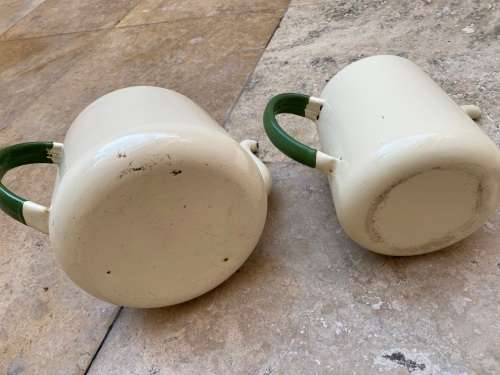 vintage judge cream and green heavy enamel tea pot teapot kettle pair , no lids