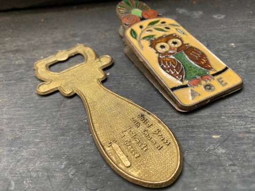 vintage greek brass enamel bottle opener and peg pair , owl with ship athens