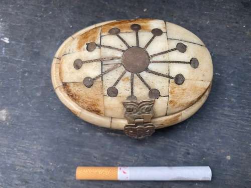 vintage camel bone and brass inlay hinged trinket box