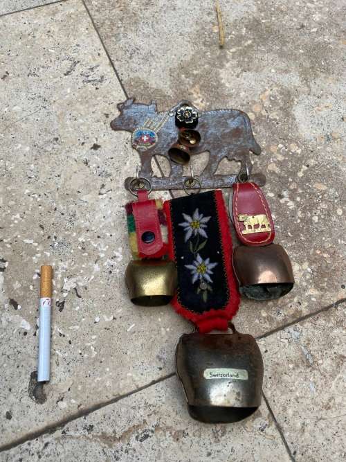 vintage swiss cow key holder with 3 swiss cow bell LOT