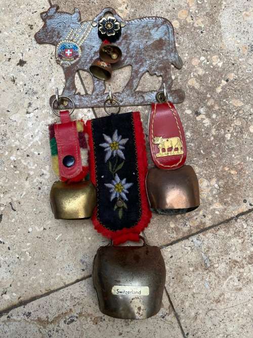 vintage swiss cow key holder with 3 swiss cow bell LOT