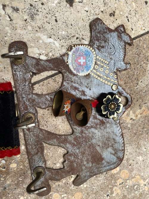 vintage swiss cow key holder with 3 swiss cow bell LOT