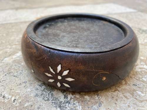 vintage candle base plate wood with inlay inlaid detail , origin India