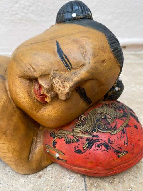 vintage asian sleeping baby buddha girl hand carved large wood sculpture figure