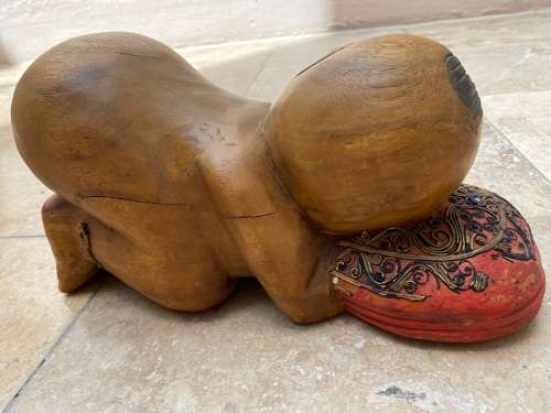 vintage asian sleeping buddha boy hand carved large wood sculpture figure